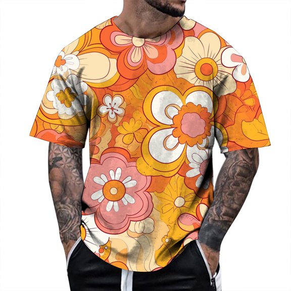 Zylarhe Mens Tshirts, Men's Floral Print T Shirt Casual Short Sleeve Tee For Spring Summer Comfortable Breathable Daily Wear Stylish Tall Man T Shirts Orange XXL