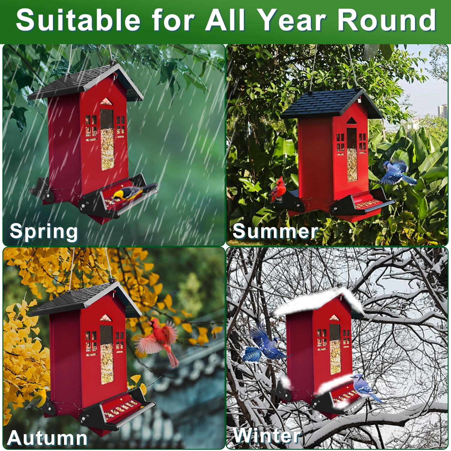 5lbs Squirrel Proof Bird Feeder, Red Metal Bird Seed Feeder for Outdoors Hanging Chew-Proof, Large Seed Capacity for Cardinal, Wild Bird, Finch, Sparrow, Blue Jay, Swallow, Parrot