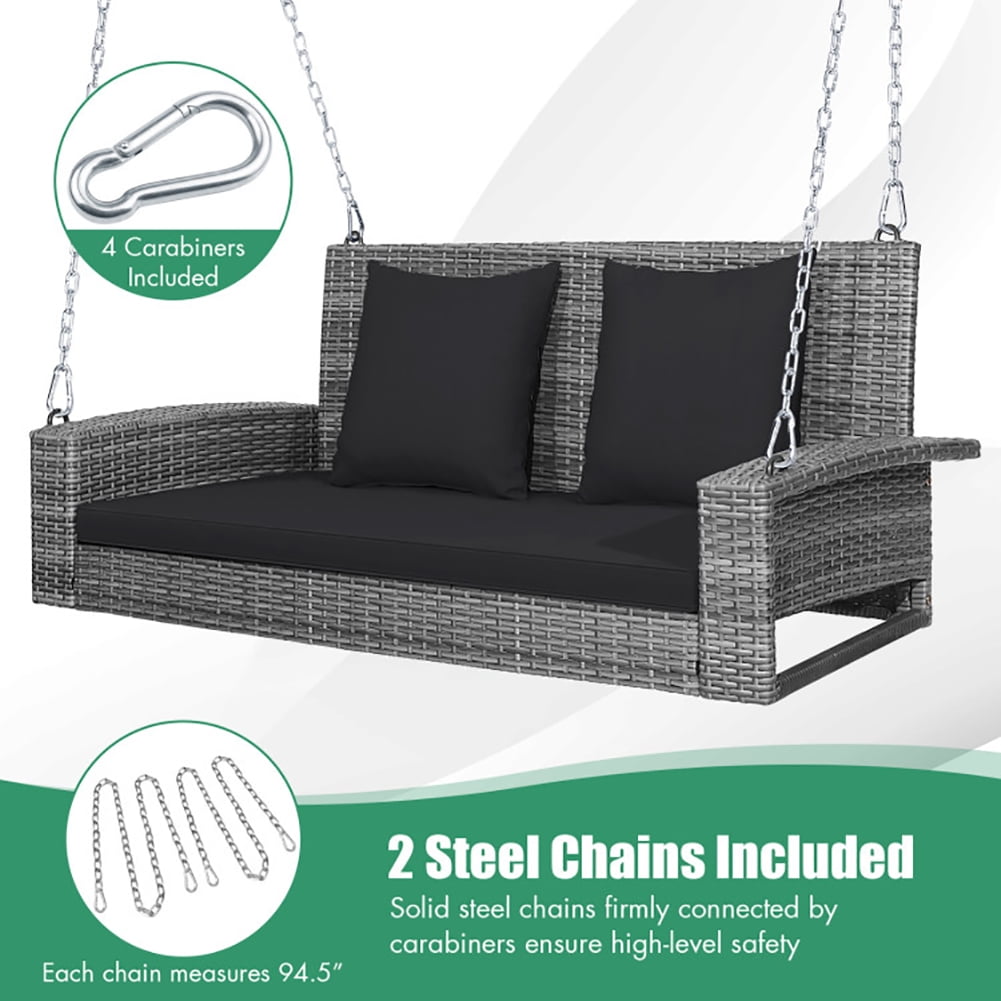Aimee Lii 2-Person Patio PE Wicker Hanging Porch Swing Bench Chair Cushion 800 Pounds, Outdoor Patio Furniture, Black