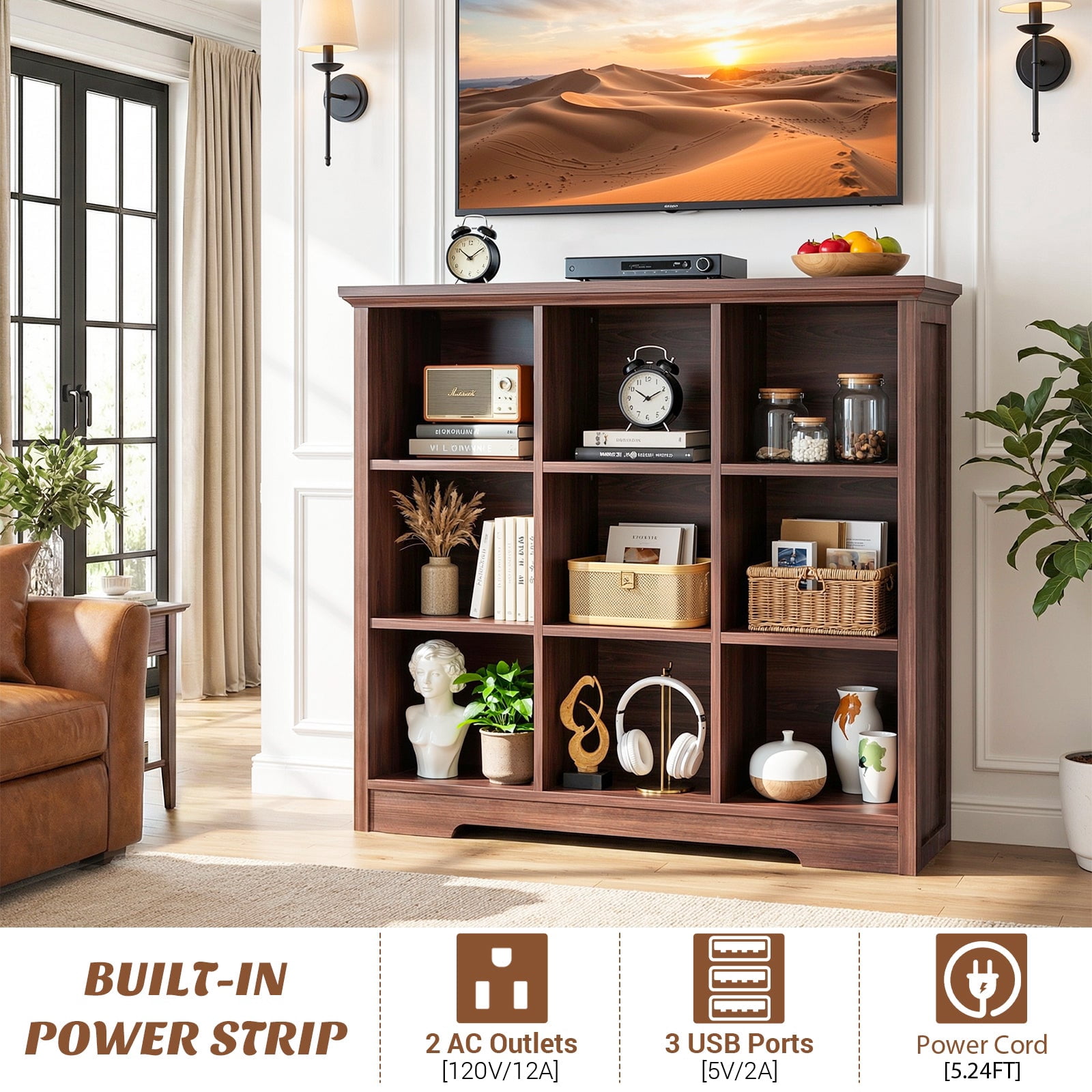 Homieasy 9 Cube Storage Organizer with Charging Station, 41'' Tall Wooden Cube Bookcase for Living Room, Bedroom, Walnut