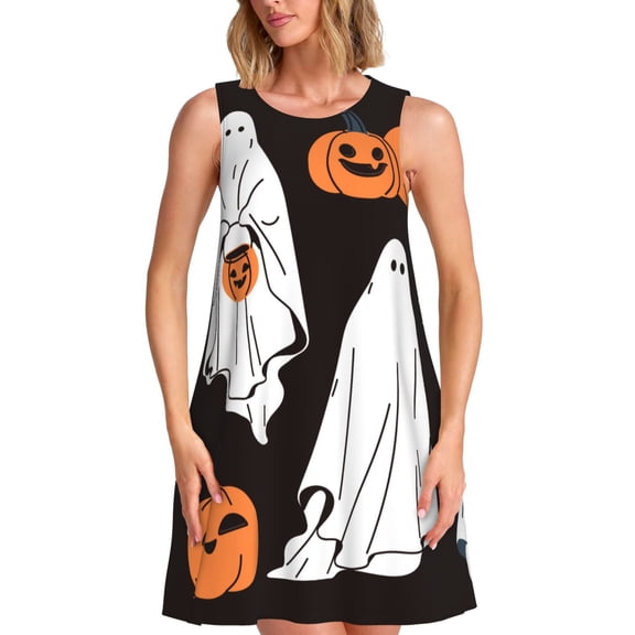 Kuqiui Halloween Ghosts And Pumpkins for Women's Sleeveless A-Line Dress with Pockets, Casual Knee Length Loose Tank Dress for Summer