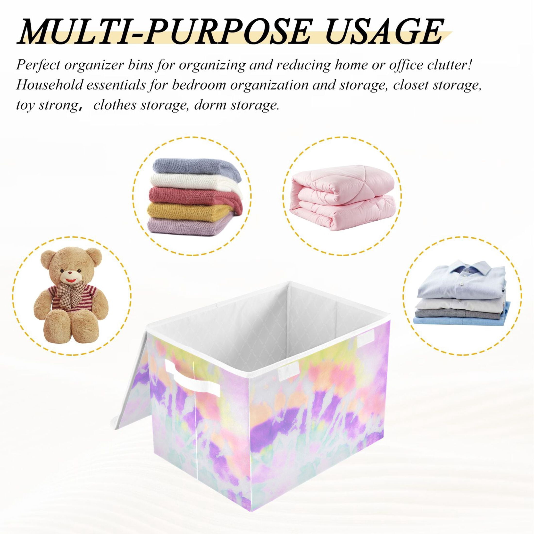 Lavender Spiral Tie-dye Large Lidded Storage Bin Foldable Storage Boxes Cubes Baskets Lids with 2 Handles for Home Bedroom Office 16.5x12.6x11.8inch
