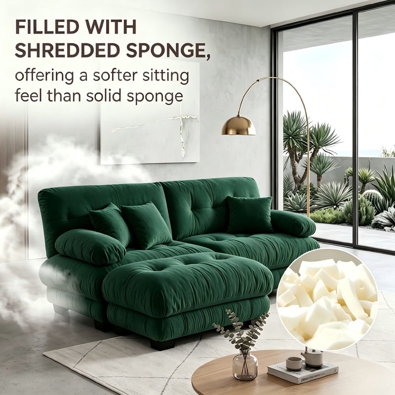 ANPPORT Cloud Couch Sleeper Sofa, Chenille Green 2-Seater Modular Sofa with 1 Ottomans, 2 Lumbar pillows, 2 Pillows, Comfy Deep Seat Cloud Sofa, Convertible L-Shaped Floor Couch for Living Room