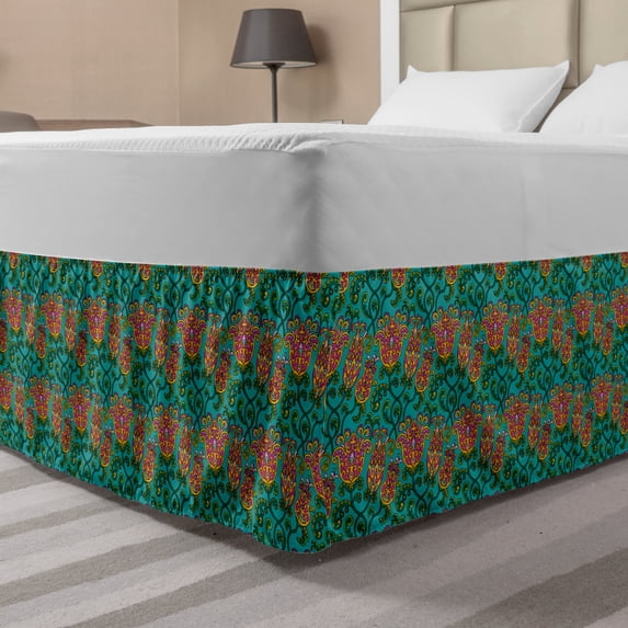 Vintage Floral Bed Skirt, Ornament with Folkloric Floral Motifs Traditional Design, Elastic Bedskirt Dust Ruffle Wrap Around for Bedding Decor, 4 Sizes, Multicolor, by Ambesonne