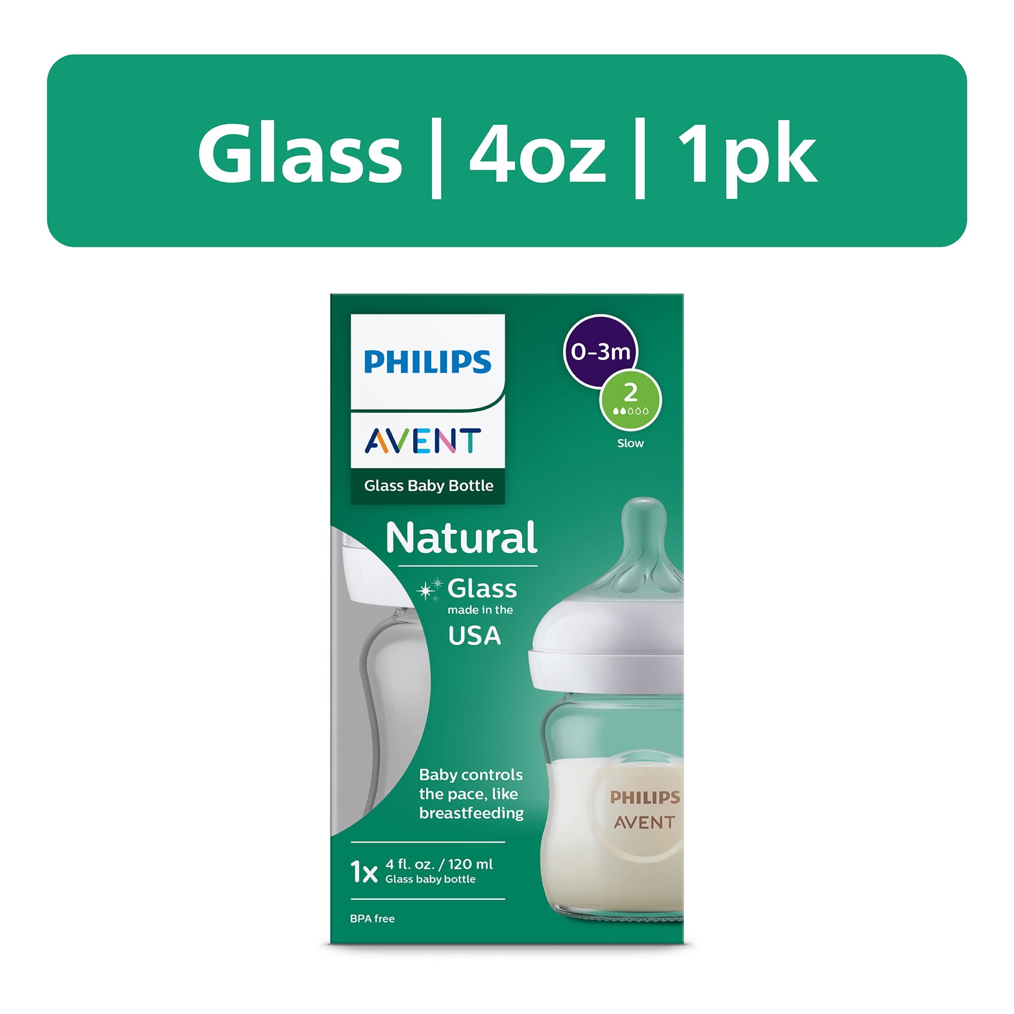 Philips Avent Natural Glass Baby Bottles with Natural Response Nipples (Slow Flow, Flow 2), 4oz, 4-Pack, SCY910/03