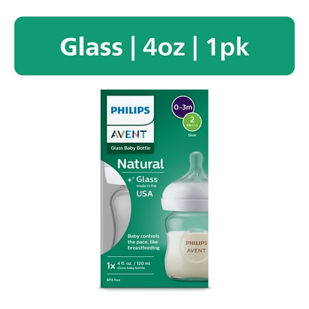 Philips Avent Natural Glass Baby Bottle with Natural Response Nipple (Slow Flow, Flow 2), 4oz, SCY910/01