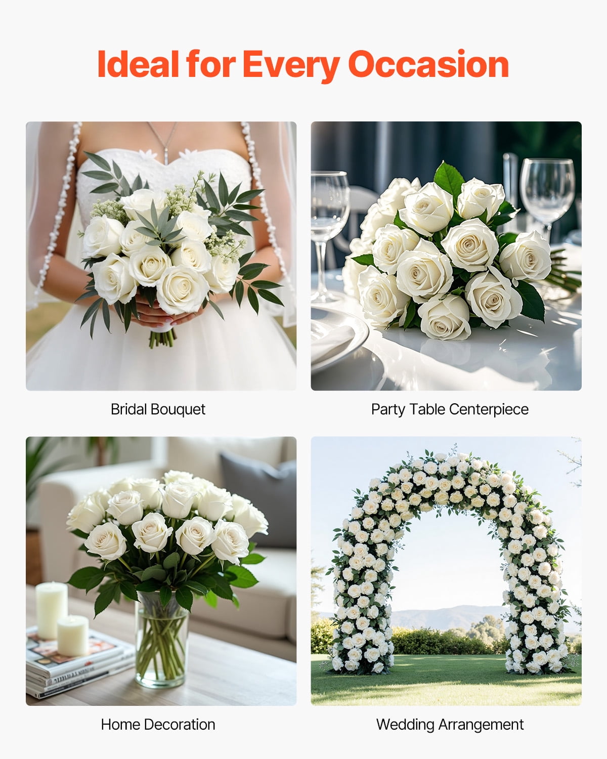 VEVOR Artificial Flowers, 60 pcs Real Looking White Foam Fake Roses Bulk, White Faux Bridal Shower with Stems for DIY Wedding Bouquets, Home Centerpieces Arrangements, Party Tables Decorations