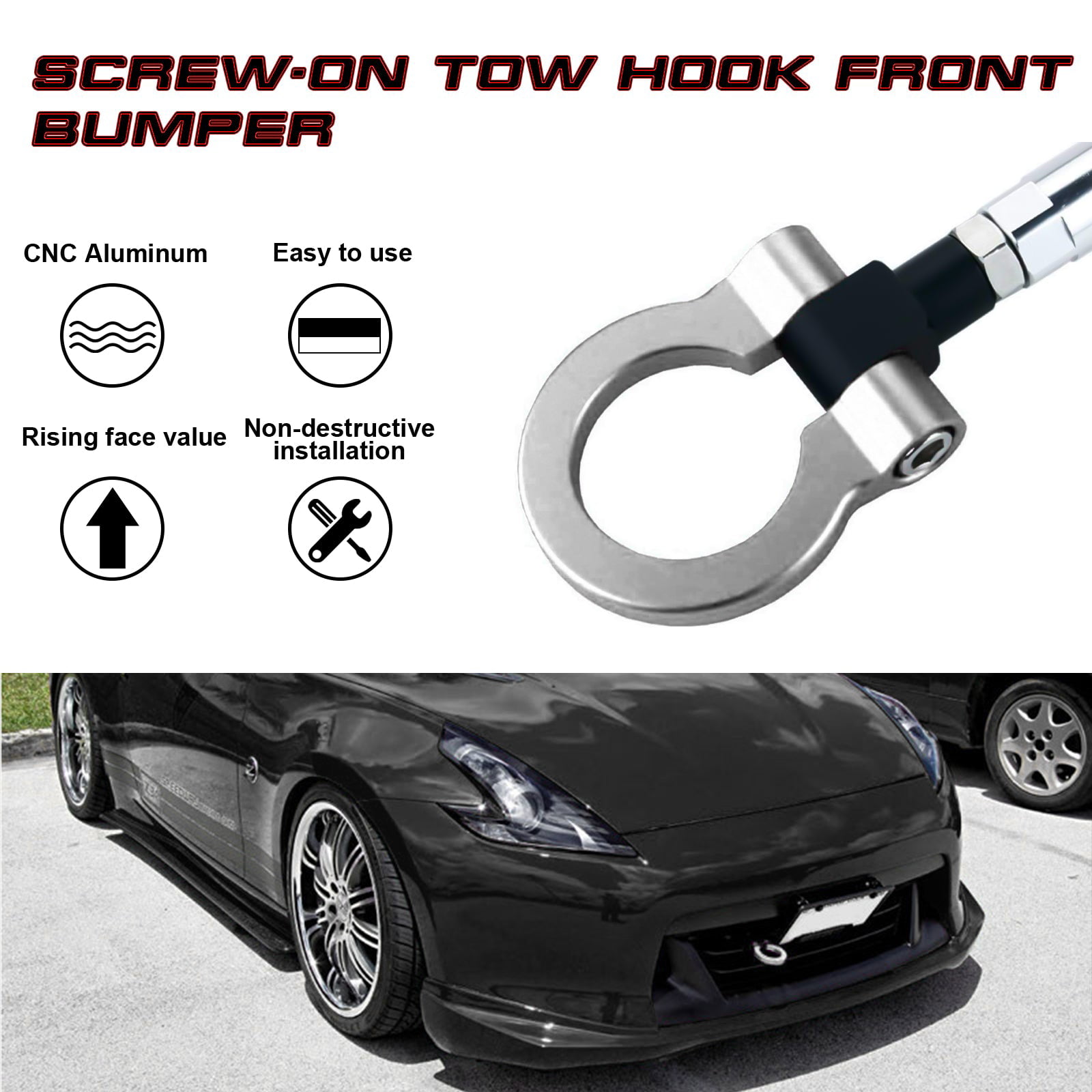 Xotic Tech JDM Sport Track Racing Style CNC Aluminum Screw-on Tow Hook  Front Rear Bumper Compatible With Mitsubishi Lancer Evolution or Nissan  GT-R R35 370Z Juke Infiniti G37/Q60 FX35 (Silver) 