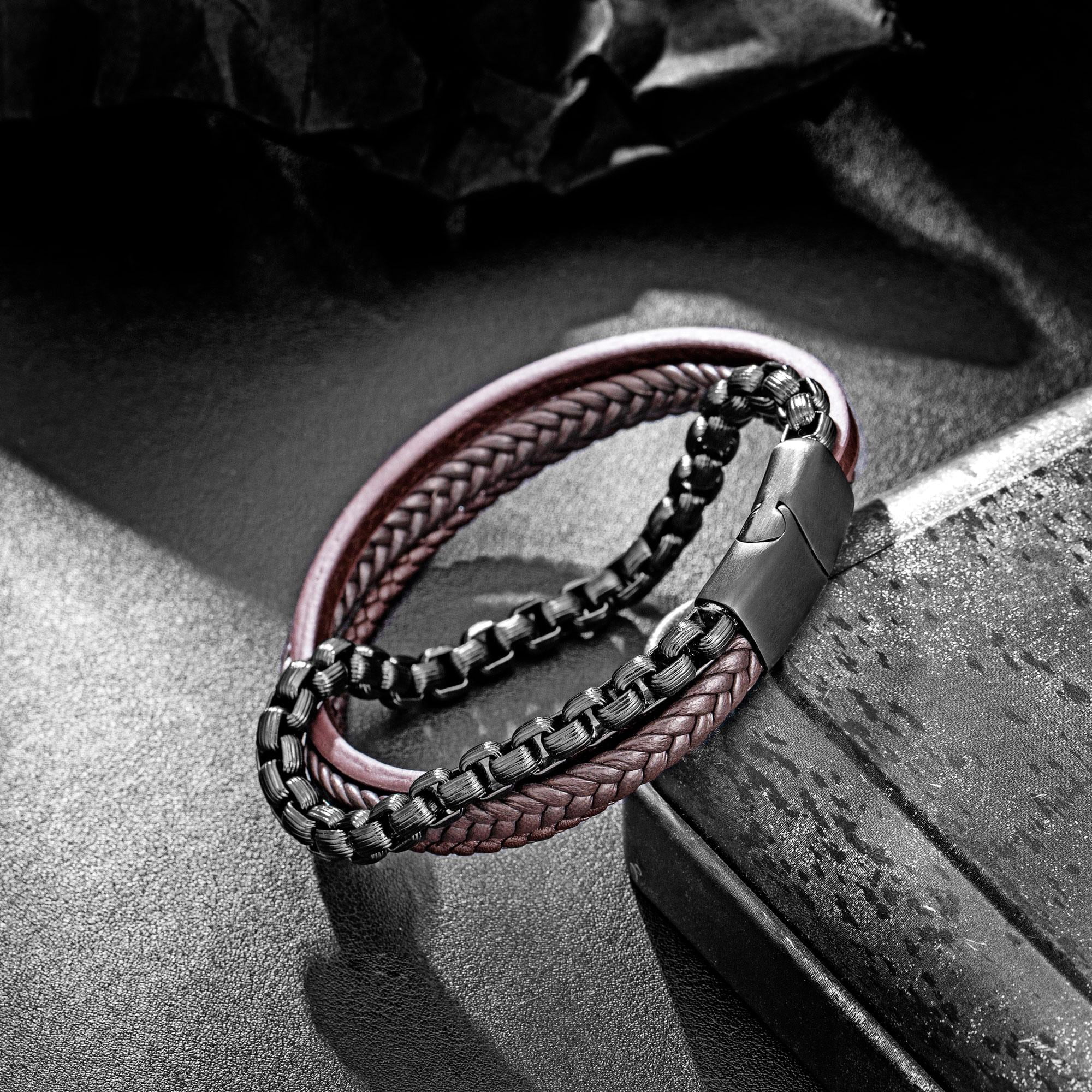 murtoo Mens Leather Bracelet with Chain, Stainless Steel Clasp Braided Wristband for Men, Multi-Strand Adjustable Bracelet with Gift Bag