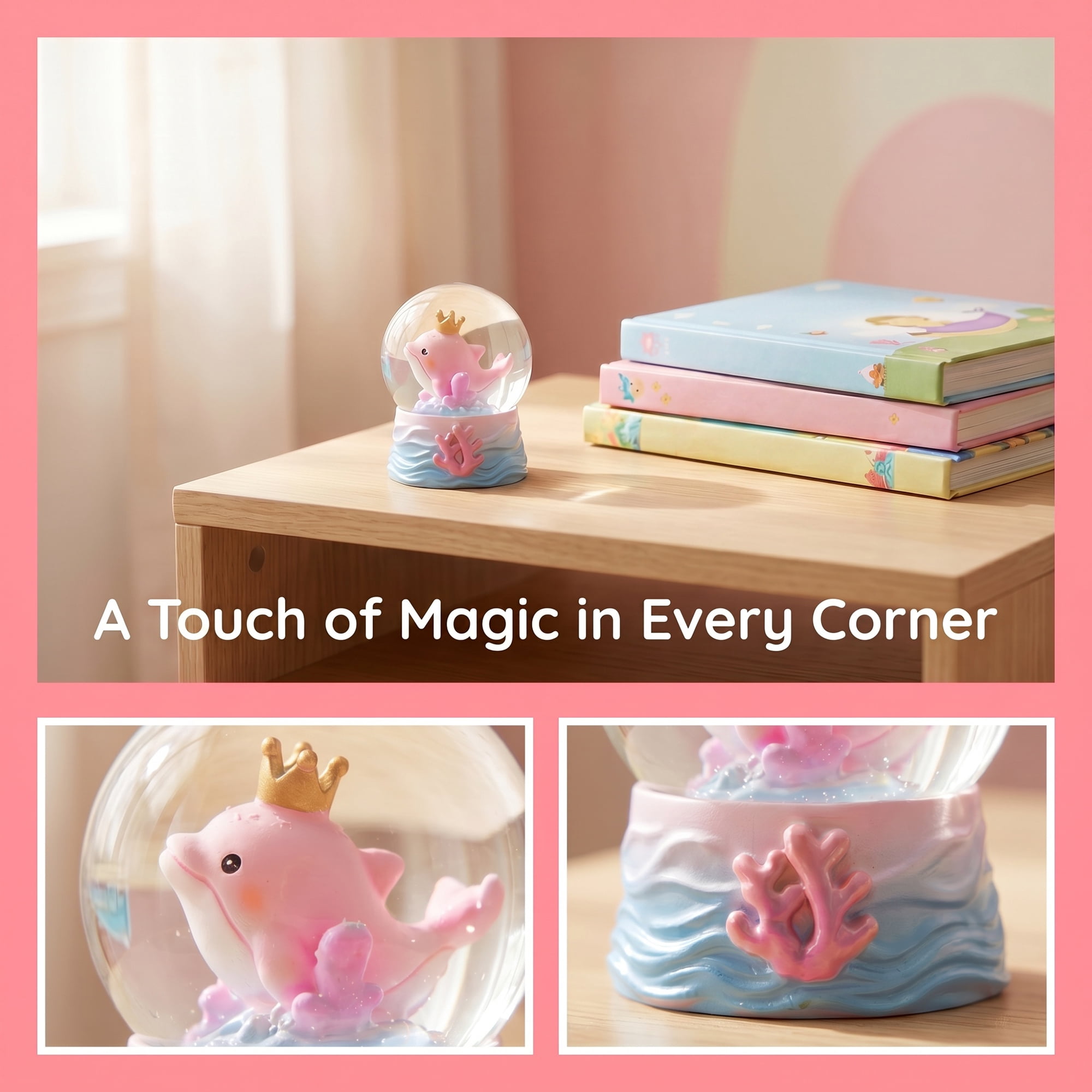 Unique Bargains Cartoon Light Up Crystal Ball Mini Resin Figurine Snow Globe Pink Style D