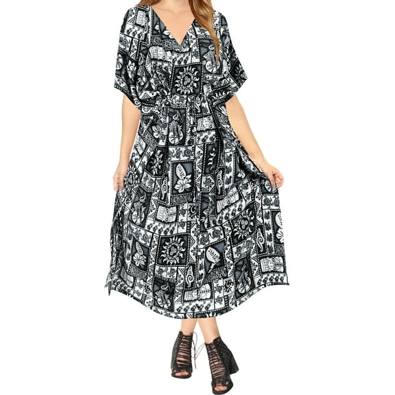 HAPPY BAY Women's Summer Loungewear Loose Slit Dress Caftan Long Boho Night Shirts 2X-3X Ink, Floral
