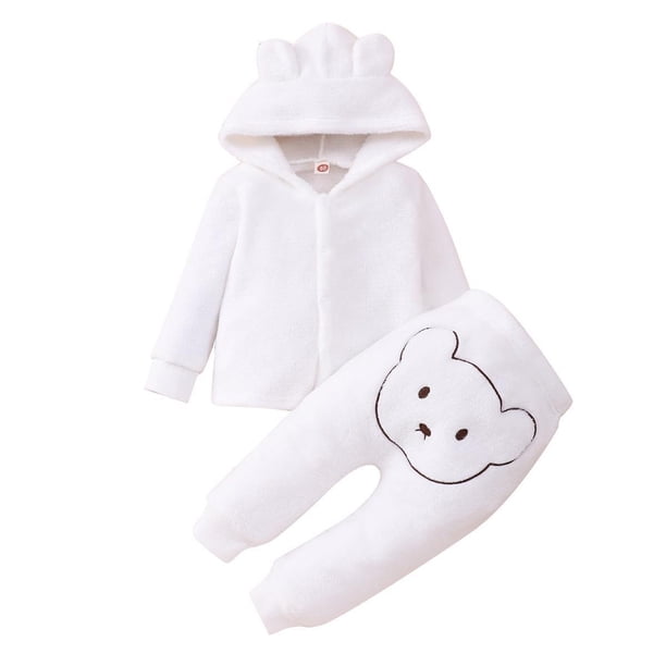 Gibobby Conjunto de pantalones para niño pequeños Infantes Manga larga Sólido Fleece Oído lindo Abrigo con capucha Chaqueta Tops Pantalones de dibujos animados(Blanco,9-12 Meses)