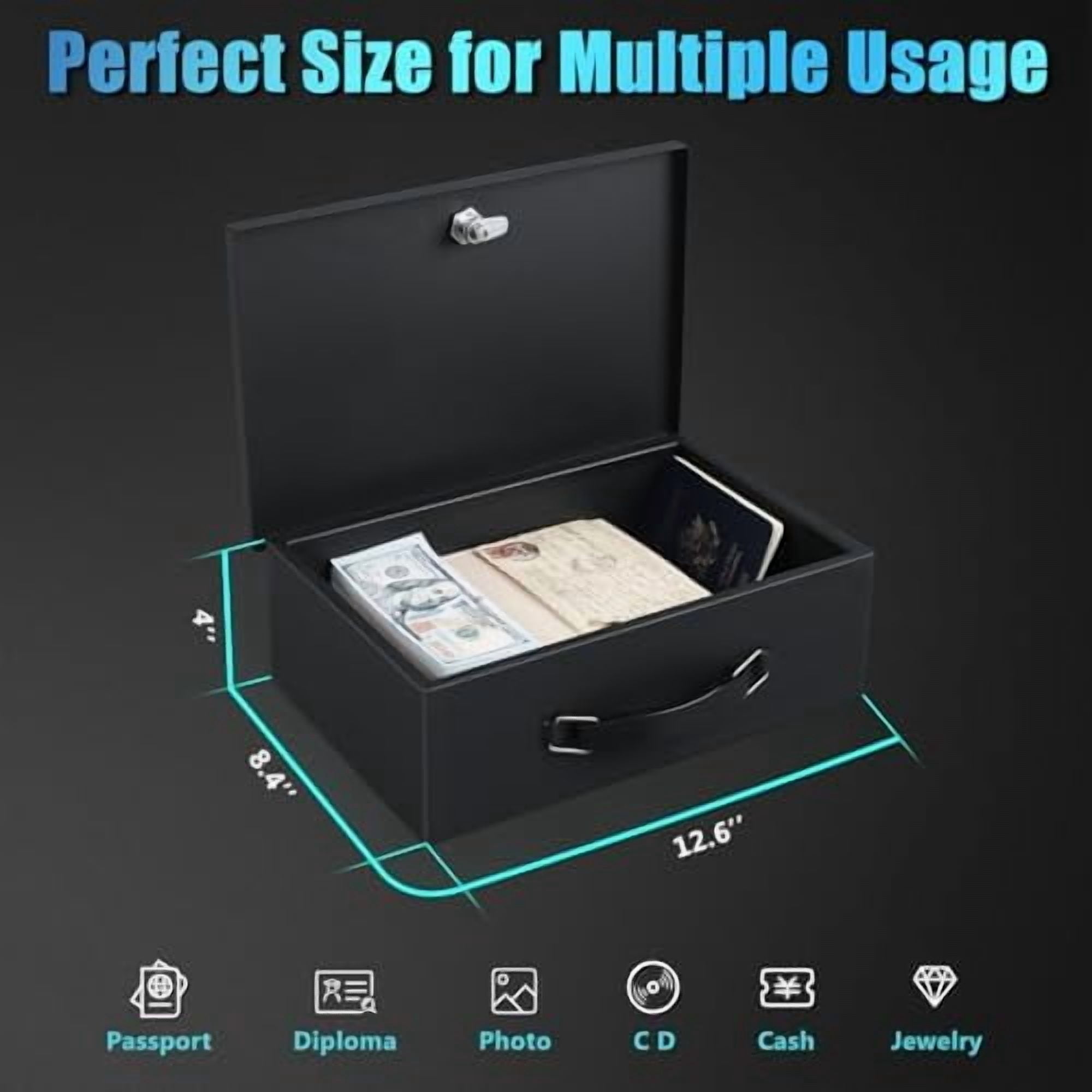 Fire Resistant Safe Fire Safe Box with Key Lock for Home Office Security Storage for Valuables Documents,12.8 x 8.5 x 4.5 Inch,Black