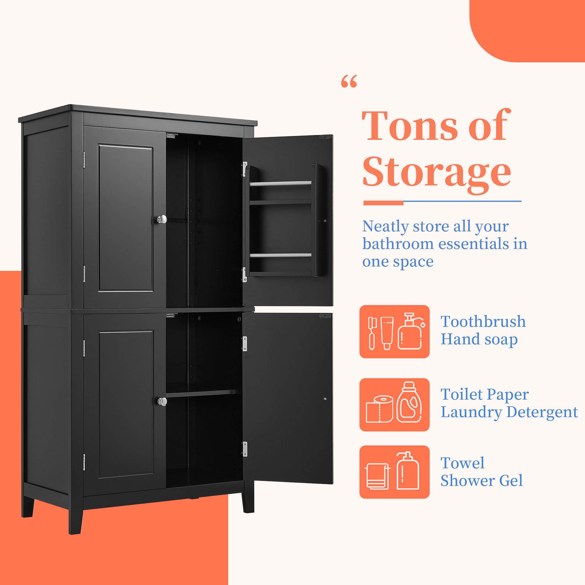 MAYEERTY Elegant Bathroom Cabinet Freestanding 4 Doors Adjustable Shelves Black