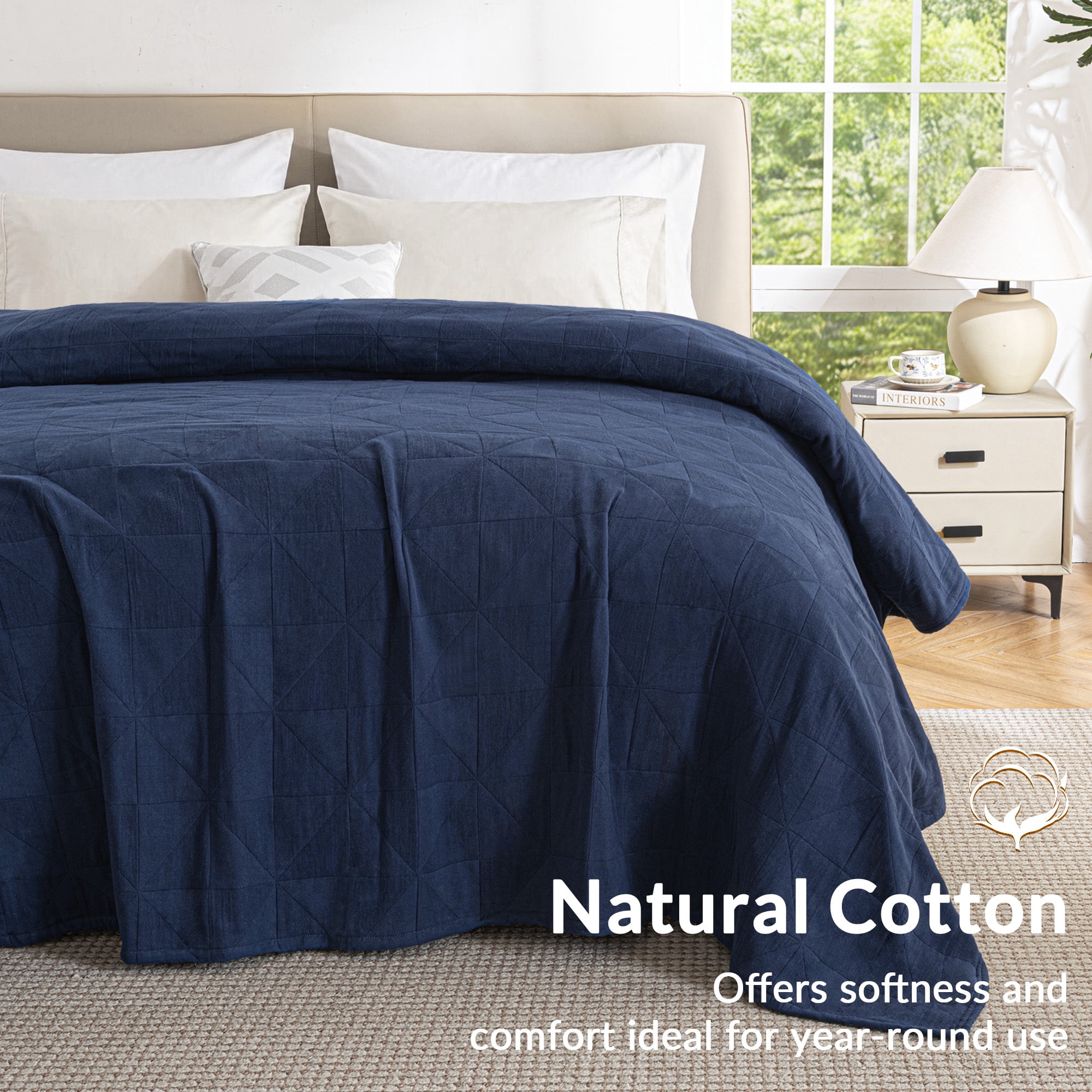 Exclusivo Mezcla 100% Cotton 4 Layers Muslin Blanket Queen Size for Bed, Moisture-wicking and Breathable Gauze Blanket with Geometric Pattern for Year Round Comfort, 90"x90", Navy Blue