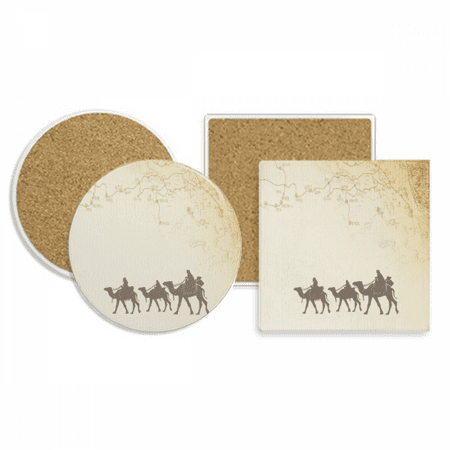 

Camel Chinese Painting Silk Road map Coaster Cup Mug Holder Absorbent Stone Cork Base Set