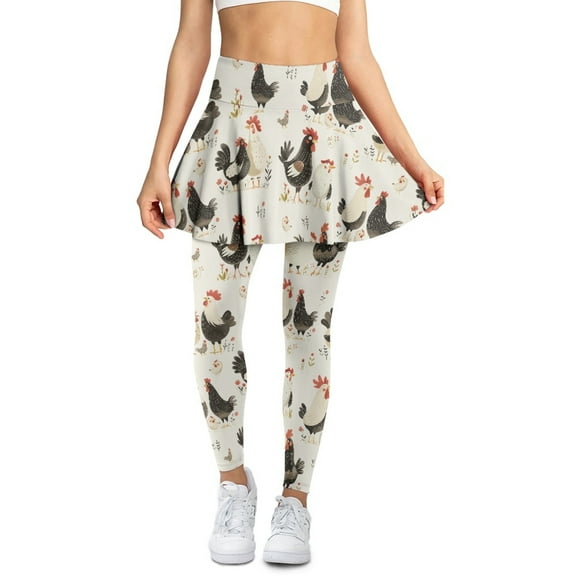 SCRAWLGOD Rooster Hen Black Beige Flowers Women's Trendy Tennis Skirt with Leggings Fashionable High Waist Athletic Skirted Leggings Washable Sports Skorts for Camping Vacation, XS