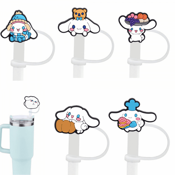 5Pcs Straw Covers Cap for Stanley Cup, Cute Sanrio Cinnamoroll Silicone Straw Toppers Accessories 10mm 0.4 Inch Compatible with Stanley Cup 30&40 Oz Tumbler, for Home and Party Decor BM217-413
