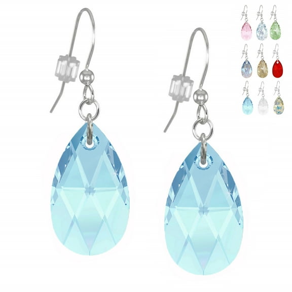 One Pair 22mm Austrian Crystal Teardrop Sterling Silver Earwires - Aquamarine Blue