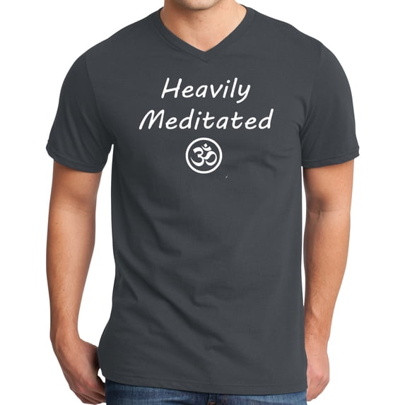 Mens Heavily Meditated with Om Yoga V-neck Shirt - Charcoal, 4XL