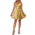 thumbnail image 2 of Vestido de tirantes espagueti INSPIRE CHIC para mujeres, vestido de fiesta de línea A sin mangas, mini vestido de club XS dorado, 2 of 5