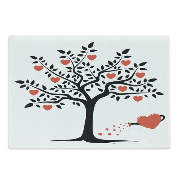 Valentines Day Cutting Board, Love Tree with Heart Romance Fruits Leaves Forest Couple Art, Decorative Tempered Glass Cutting and Serving Board, Large Size, Vermilion Black, by Ambesonne