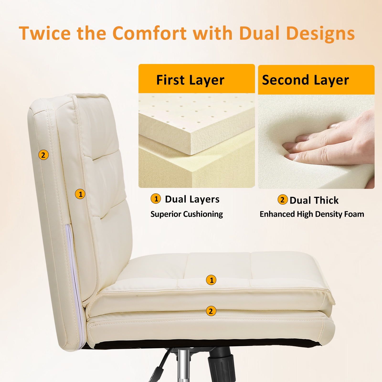 CloudRest Pro Armless Office Desk Chair, Criss Cross Swivel Chair with Wheels, Wide Seat Adult Vanity Chair for Home Office , Beige