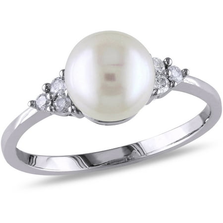 Miabella 7.5-8mm White Round Cultured Freshwater Pearl and 1/8 Carat T.W. Diamond 10kt White Gold Cocktail Ring
