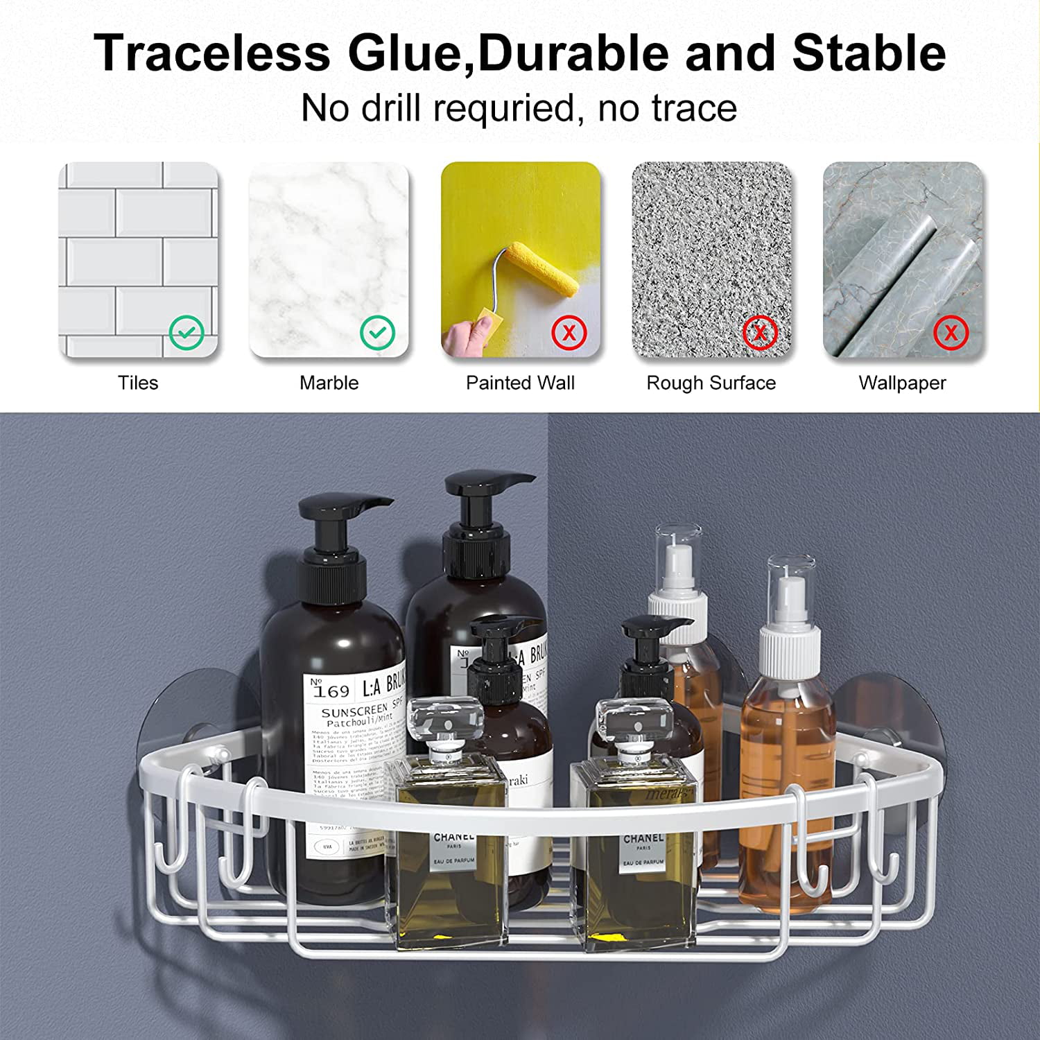 Rustproof Shower Caddy With Adhesive Backing - Traceless Installation,  Bathroom Storage Organizer For Shampoo, Conditioner, And More - Temu