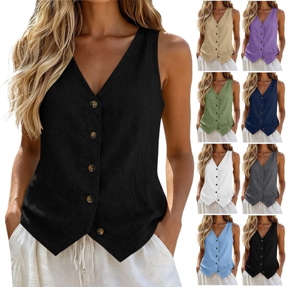 Xaqiouau Womens Linen V Neck Button Down Vest Sleeveless Summer Tank Top Casual Loose Fit Boho Blouse Lightweight Waistcoat