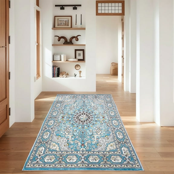 Vintage Bohemian Area Rug, 4x5.3ft Washable Living Room Rug Indoor Non-Slip, Large Oriental Accent Throw Rug for Kitchen Entryway Bathroom Bedroom Office Carpet (4x5.3ft/120x160cm)
