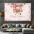 thumbnail image 2 of Golden Bow Happy Birthday Backdrop Pink Coquette Birthday Party Photography Background for Girls Women Pink Roses Green Leaves Bow Birthday Party Decorations Banner Photo Booth Props, 2 of 6