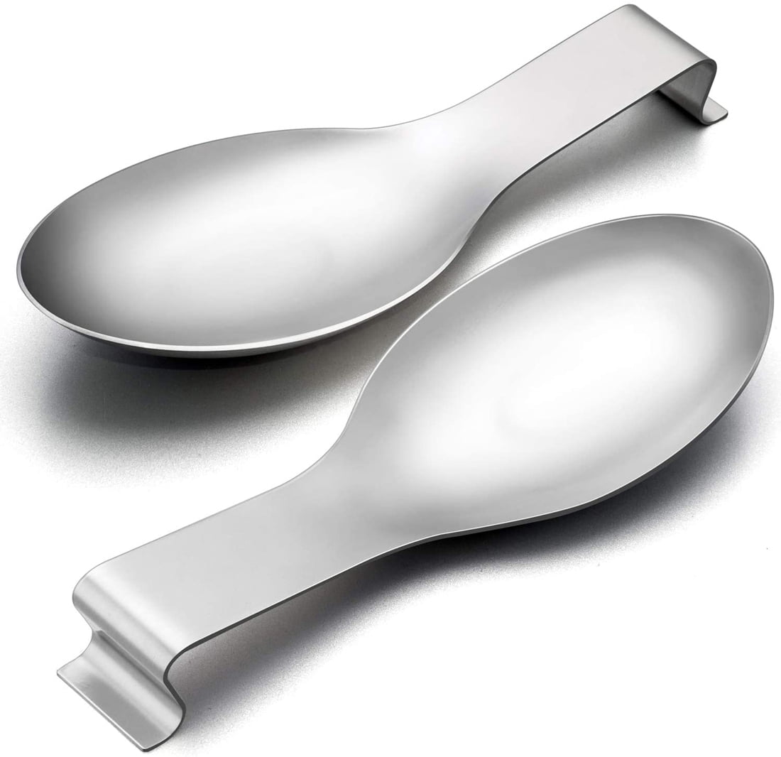 VeSteel Stainless Steel Spoon Rest Set of 2 Ladle Holder Spatula Rest for Kitchen Silver
