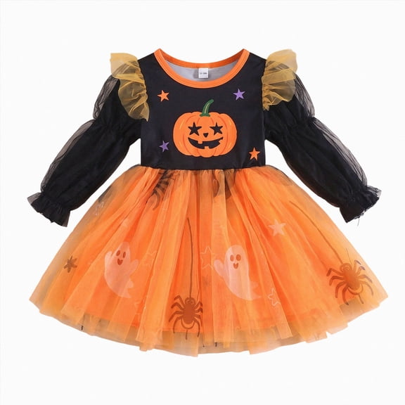 WXFAZCVU Toddler Girl Halloween Dress Crewneck Ruffle Long Sleeve Tutu Dresses Going Out Size 2-3 Years