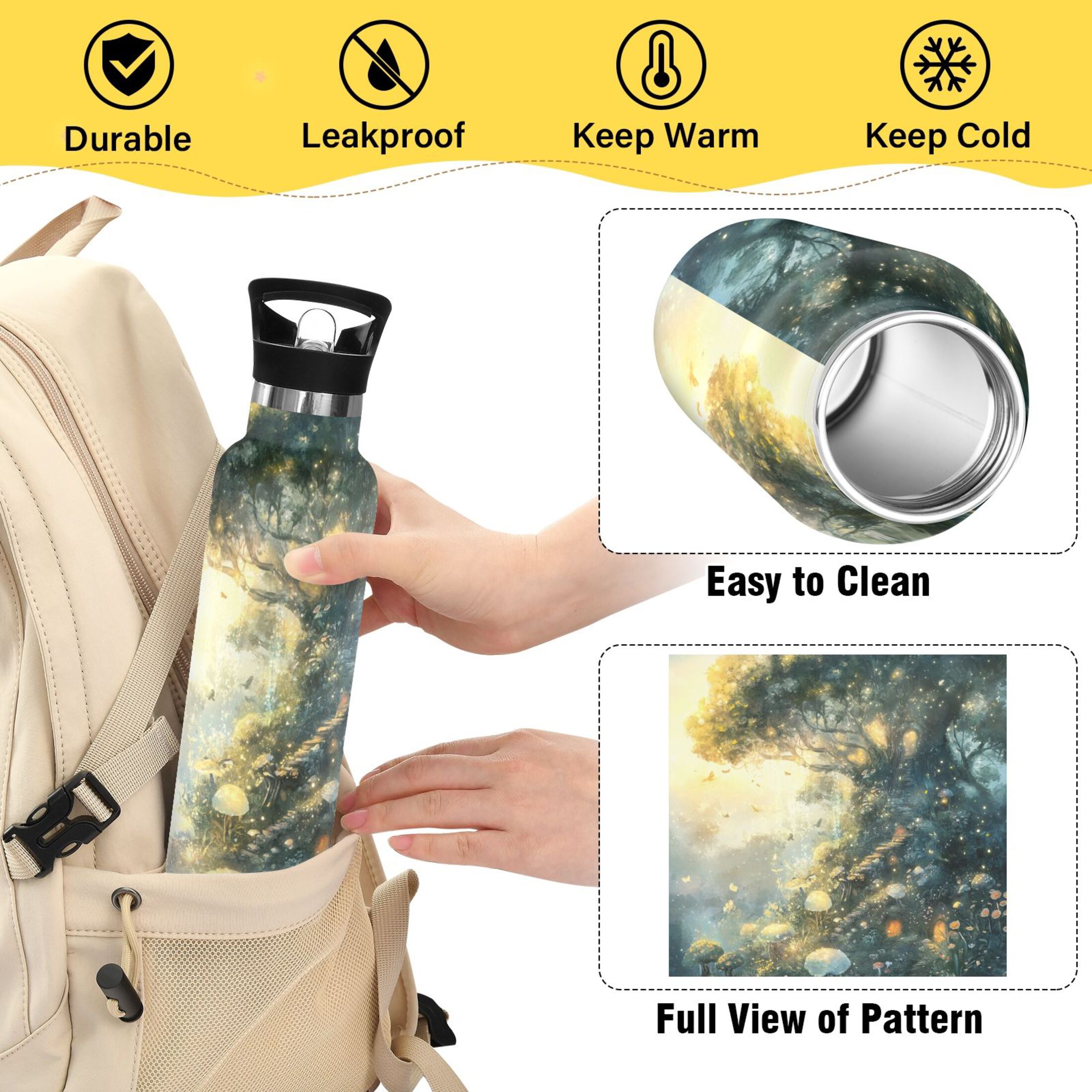 600ML Stainless Steel Insulated Cup Sports Water Bottle Portable Thermos Cup Water Glasses Insulated Tumblers Convenient and Durable Magic Tree