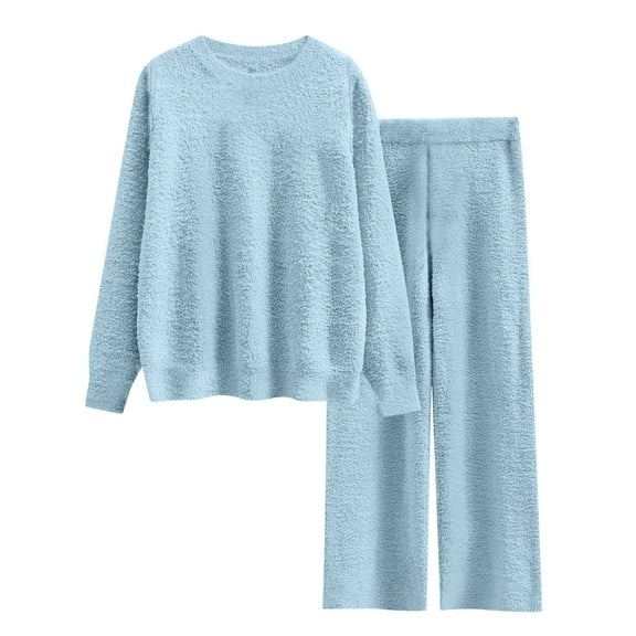 YUGYXL 2 Piece Outfits for Women Fleece Lounge Sets Fuzzy Long Sleeve Crewneck Tops Soft Long Pants Pajamas Sleepwear Blue XXL