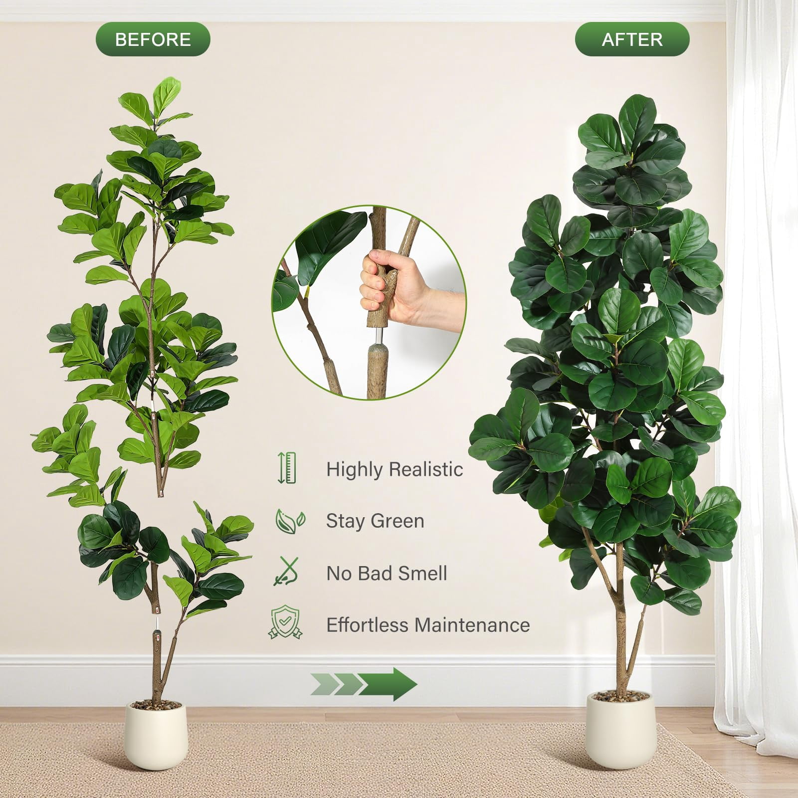 Artificial Fiddle Leaf Fig Tree 7ft – Realistic Faux Ficus Lyrata Floor Plant with White Planter, Indoor Fake Tree for Home Office Living Room Decor