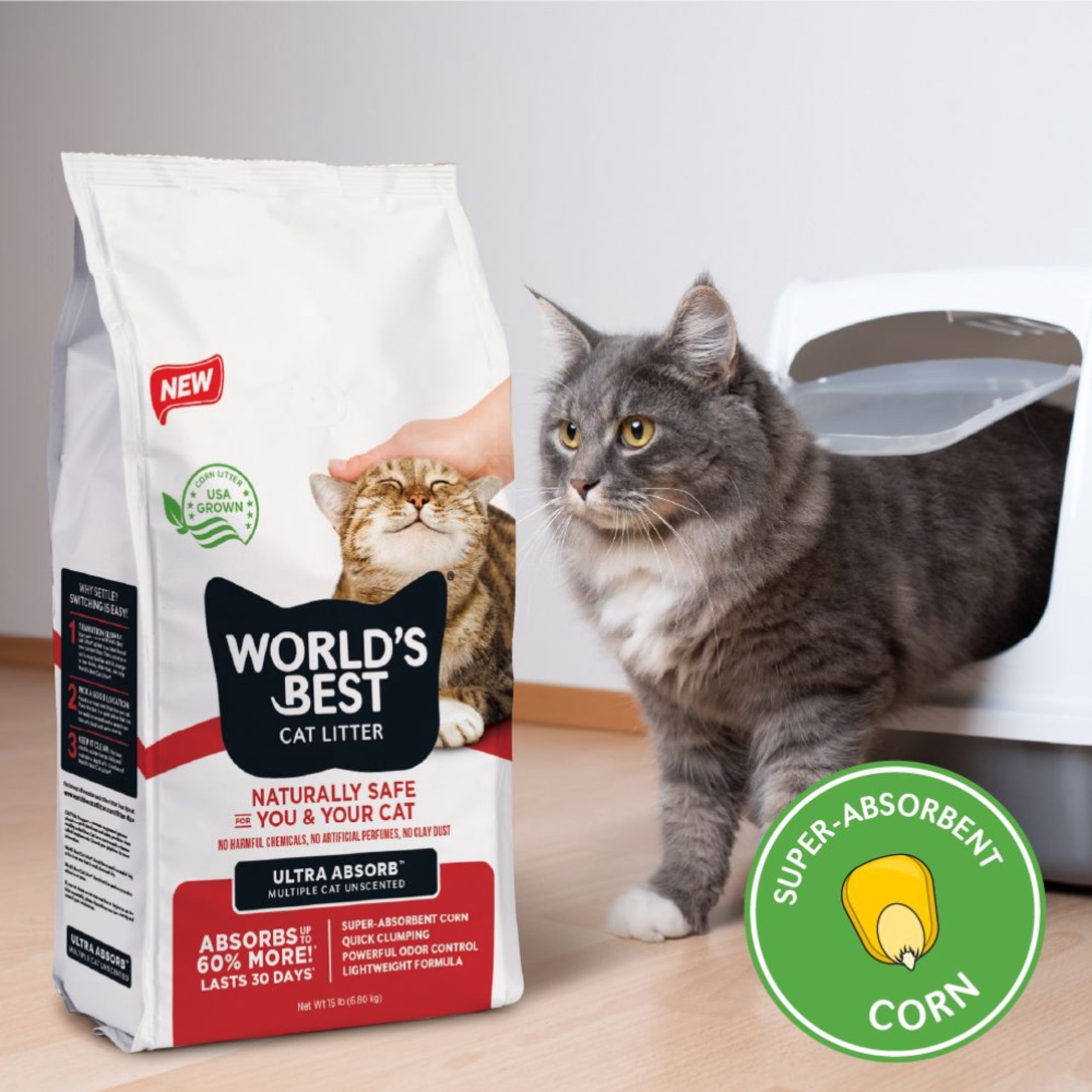 (3 pack) World’s Best Cat Litter® Ultra Absorb™ Unscented, Made from Corn, Quick Clumping, Flushable, 99% Dust Free, Long-Lasting Odor Control & Easy Scooping, 15 Pound Bag