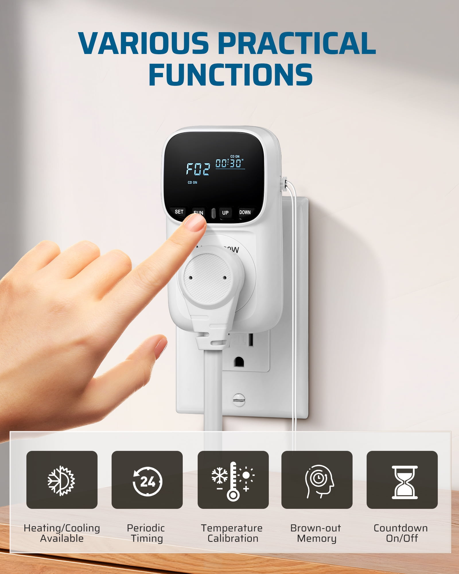 DEWENWILS Digital Temperature Controller, Heavy Duty 15A/1800W Thermostat Outlet Plug, VA Display Heating Cooling Control Timer, -40℉~210℉