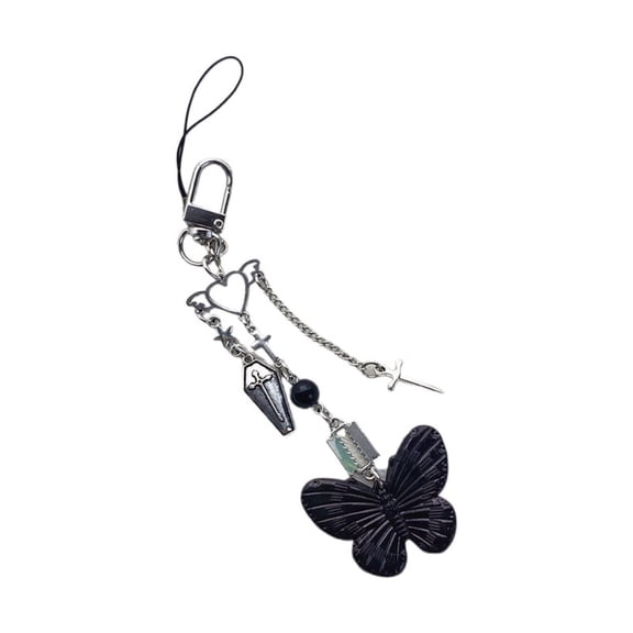 Qisuw Butterfly KeyChain Gift Heart Cross-KeyRing Y2K Phone Chain Handbag-Tag Women Girl Teen White Black Butterfly-Pendants