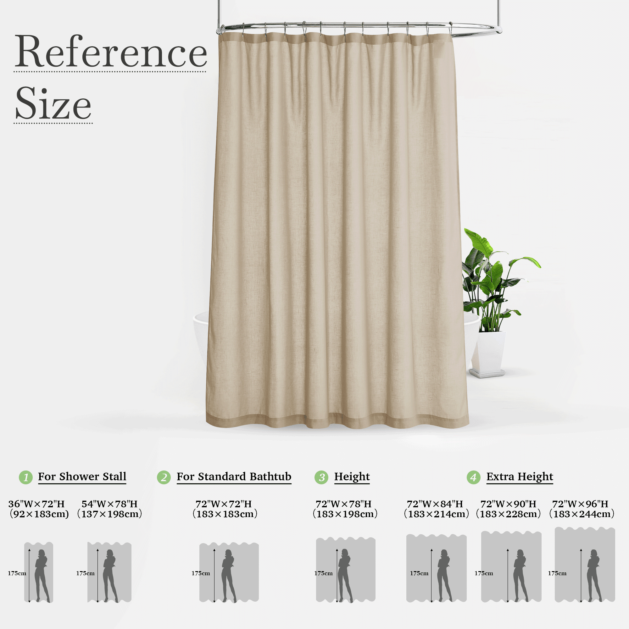 NICETOWN Linen Shower Curtain Lightweight Button Hole Semi Sheer Half Privacy Quick Dry Shower Curtains for Bathtub Decor, Angora, 72"x78", Hooks Included