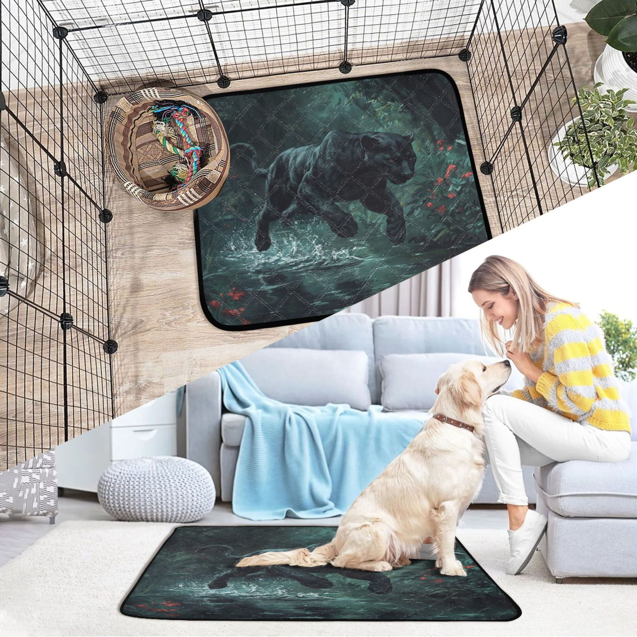 Qxltty Black Panther Leaping over Water Cat litter Pads Pet Set of 3 Diaper Mats Center Anti-leakage Layer Absorbent Soft and Comfortable