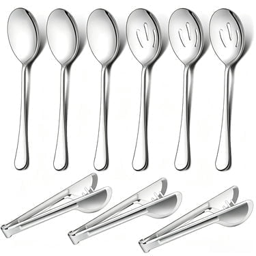 9Pcs Serving Utensils Set, 8.9 inch Stainless Steel Silver Buffet Banquet Catering Serving Spoons Tongs Set, , Mirror Polished, Dishwasher Safe