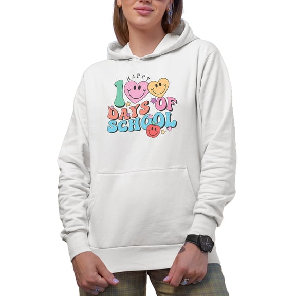 Distressed Happy 100 Days of School - 90s Retro Wavy Text Art Merch Gift, White Hooded Sweatshirt or Hoodie, Small