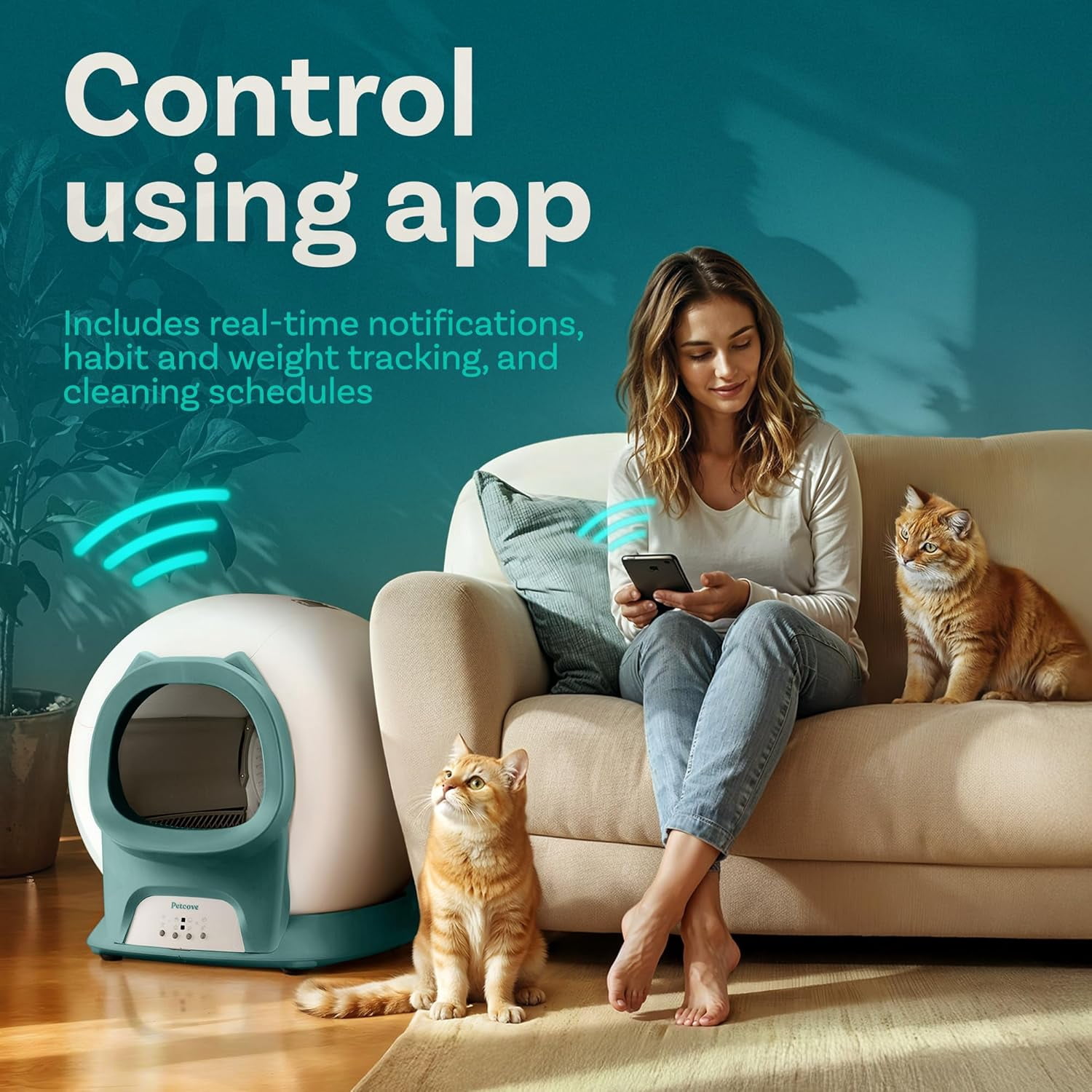 Petcove Automatic Litter Box Self Cleaning for Cats with App Control – Smart Cat Litter Box, Odor Control, for Multiple Cats - Teal