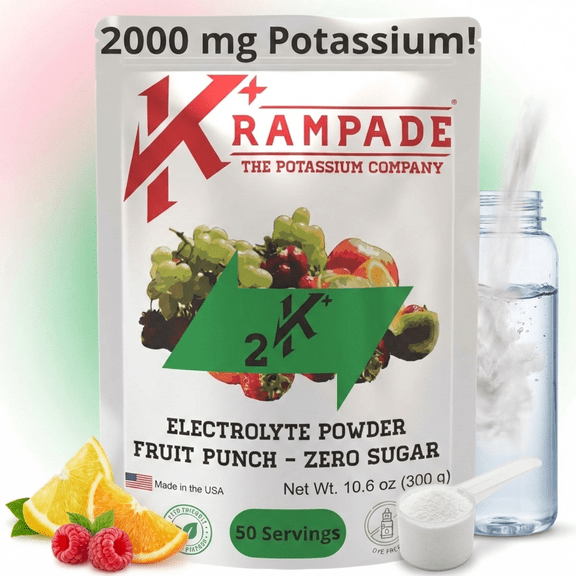 Krampade Original Zero Sugar Daily Electrolyte Hydration Powder with 2000mg Potassium and 4180mg Total Electrolytes, Natural Fruit Punch, 50-Serving Resealable Pouch