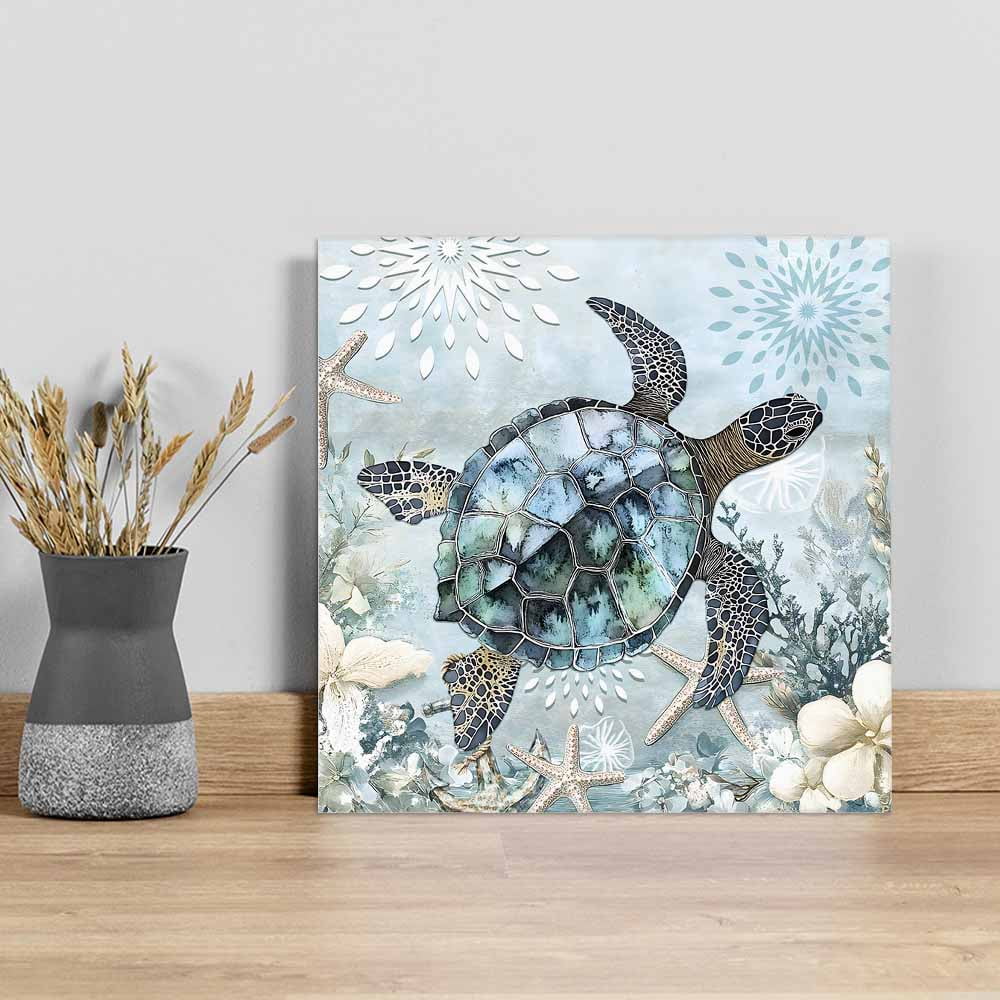 Ocean Turtle Canvas Wall Art, Marine Life Starfish Coral Retro Framed Wall Decor Modern Artwork Prints Painting for Living Room, Bedroom, Kitchen & Cafe Decor 16x16 Inch