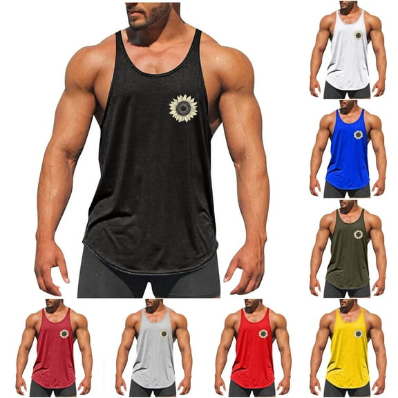 UVEASISHA Cotton Workout Shirts Men Big and Tall Stringer Tank Tops Y Back Sleeveless Gym Muscle T-Shirts Casual Floral Print Athletic Tank Top Yellow 5XL