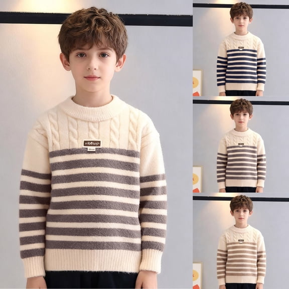 Fengqque Kids Boys Long Sleeve Round Neck Sweater Knit Pullover Warm Striped Sweater 4-12 Years Old Khaki 11-12 Years