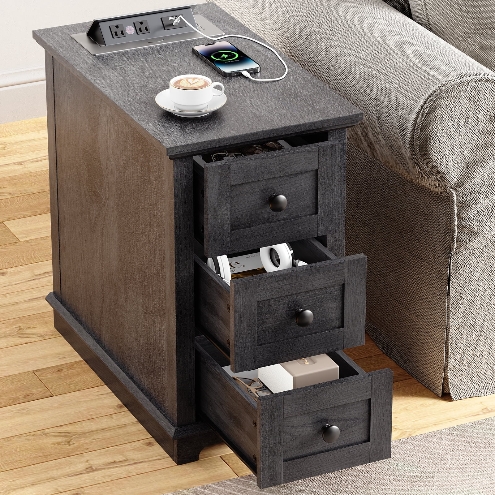 FAGAGA End Table with 3 Drawers for Living Room,Nightstand Sofa Side Table with Charging Station,Black